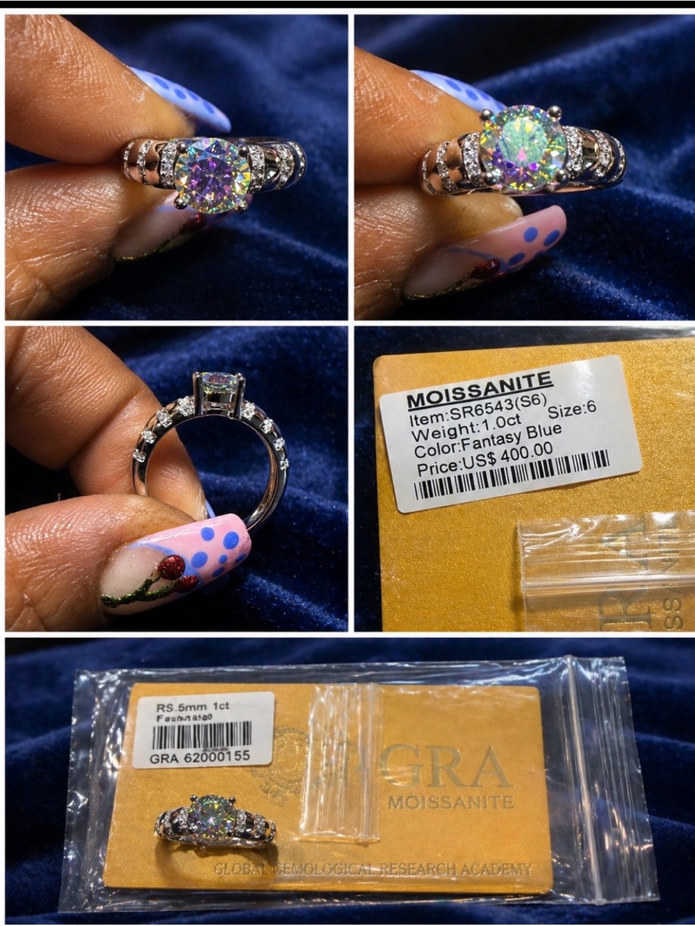 Moissanite Fantasy Blue Round Halo Ring - Size 6